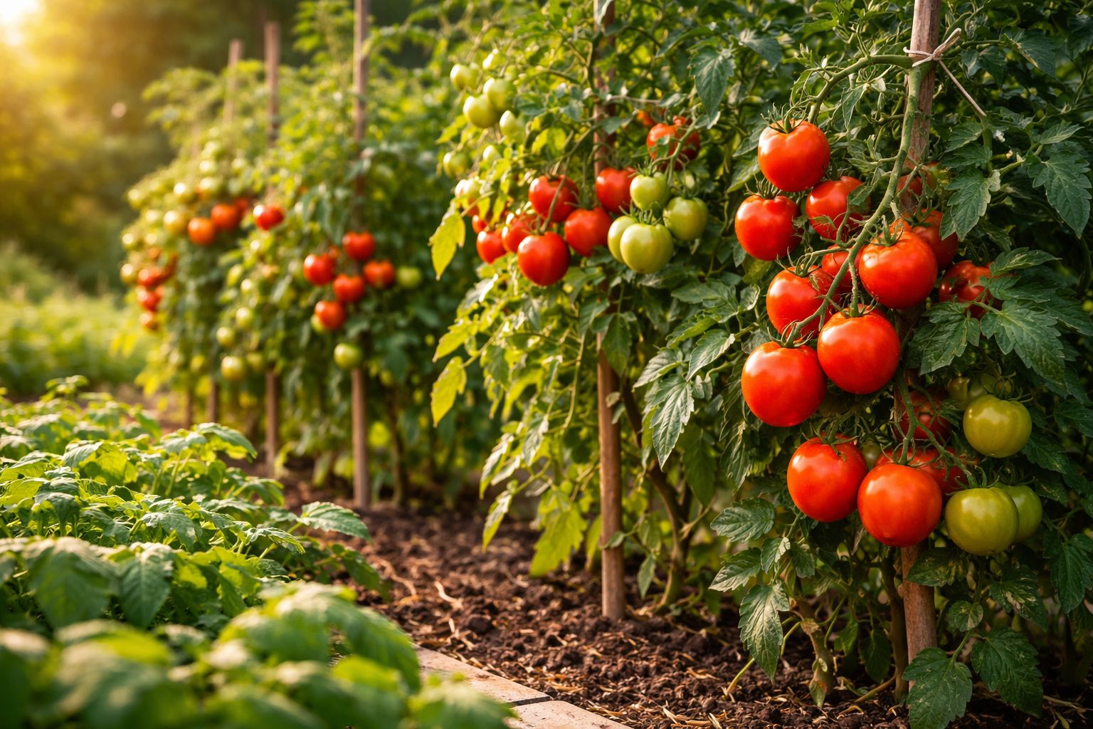 Ripe tomatoes growing on the vine in a sunny garden