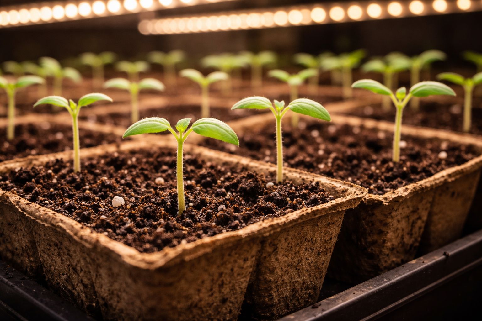 Tomato seedlings sprouting in seed trays under grow lights indoors
