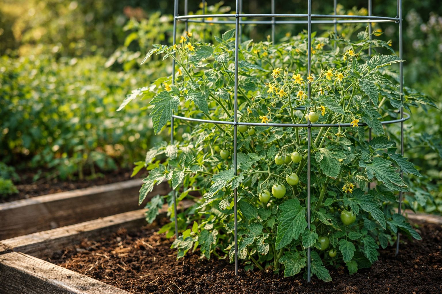 Healthy tomato plant growing on a cage support with yellow flowers and forming fruit