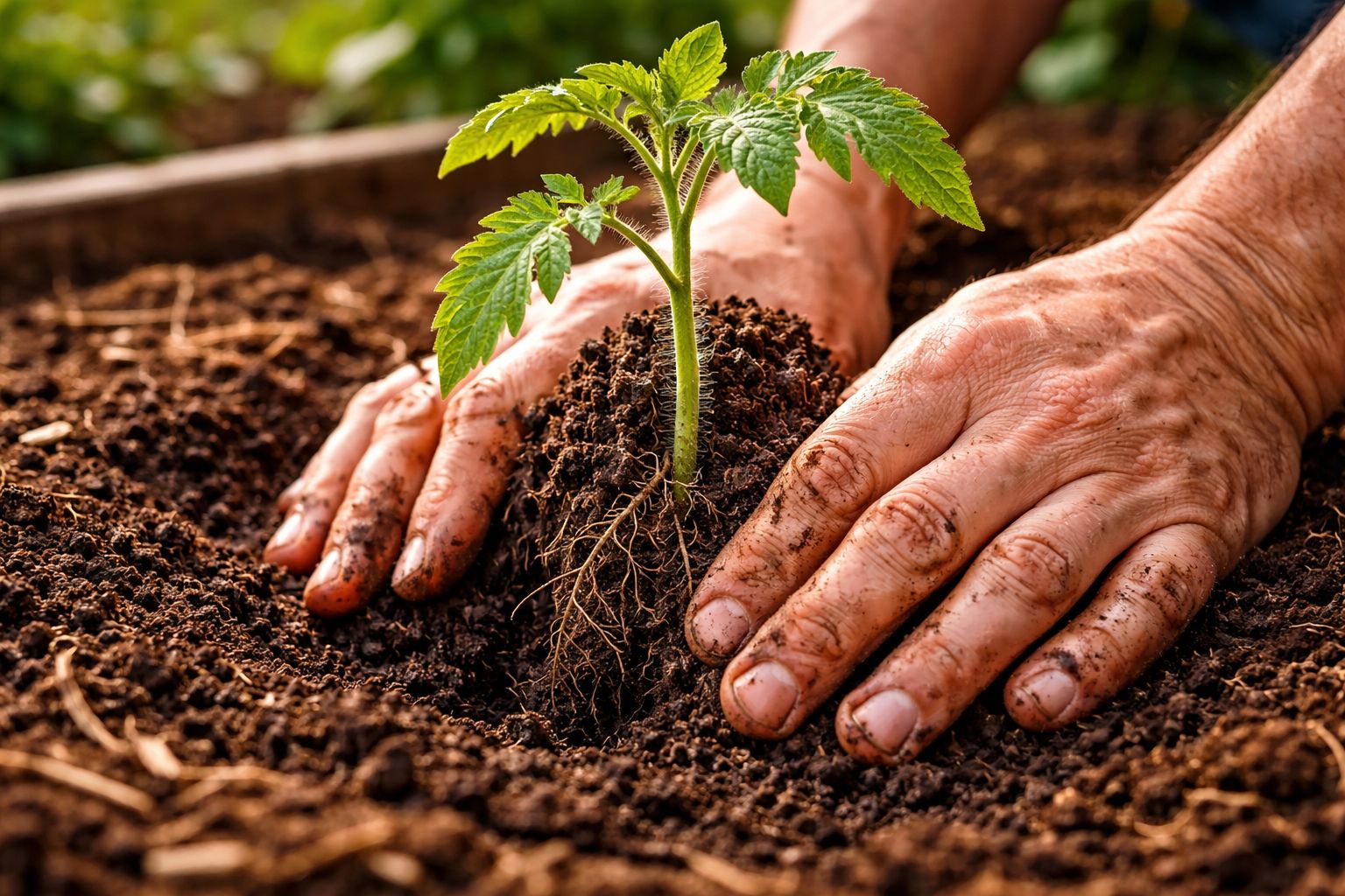 Gardener burying a tomato seedling deep in garden soil up to the first true leaves