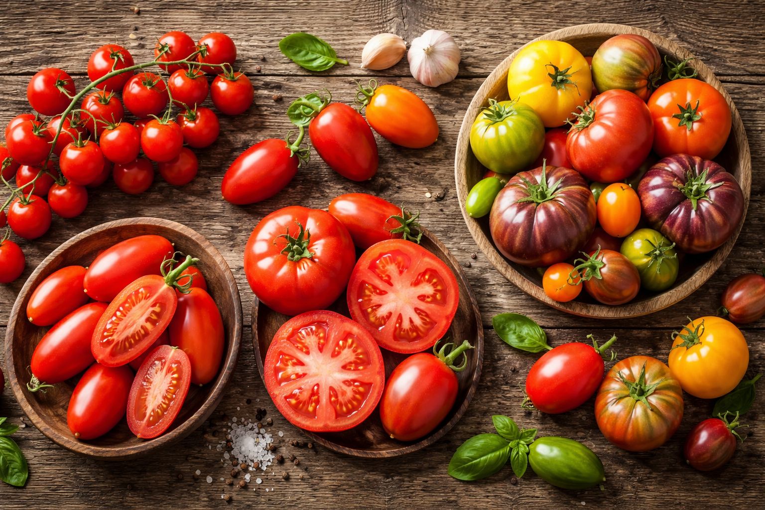 Four tomato types: cherry, roma, beefsteak, and heirloom tomatoes on a wooden table